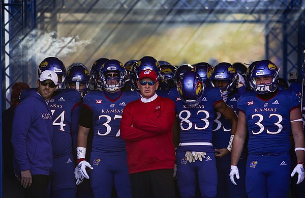 Kansas head coach Lance Leipold and the Jayhawks wait to take the field on Saturday, Nov. 19, 2022 at Memorial Stadium.