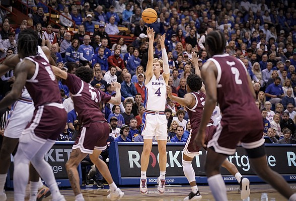 Kansas guard Gradey Dick (4) puts up a three against Texas Southern during the first half on Monday, Nov. 28, 2022 at Allen Fieldhouse.