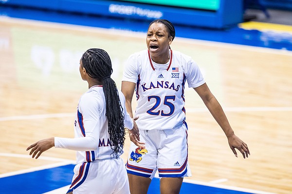 KU's Chandler Prater yells encouragement to Wyvette Mayberry during the Jayhawks' home win over Southeast Missouri State on Sunday, Dec. 4, 2022 at Allen Fieldhouse. 