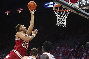 Indiana forward Trace Jackson-Davis, 23, takes a shot against Arizona during the first half of an NCAA college basketball game in Las Vegas on Dec. 10, 2022. (AP Photo/Chase Stevens) )